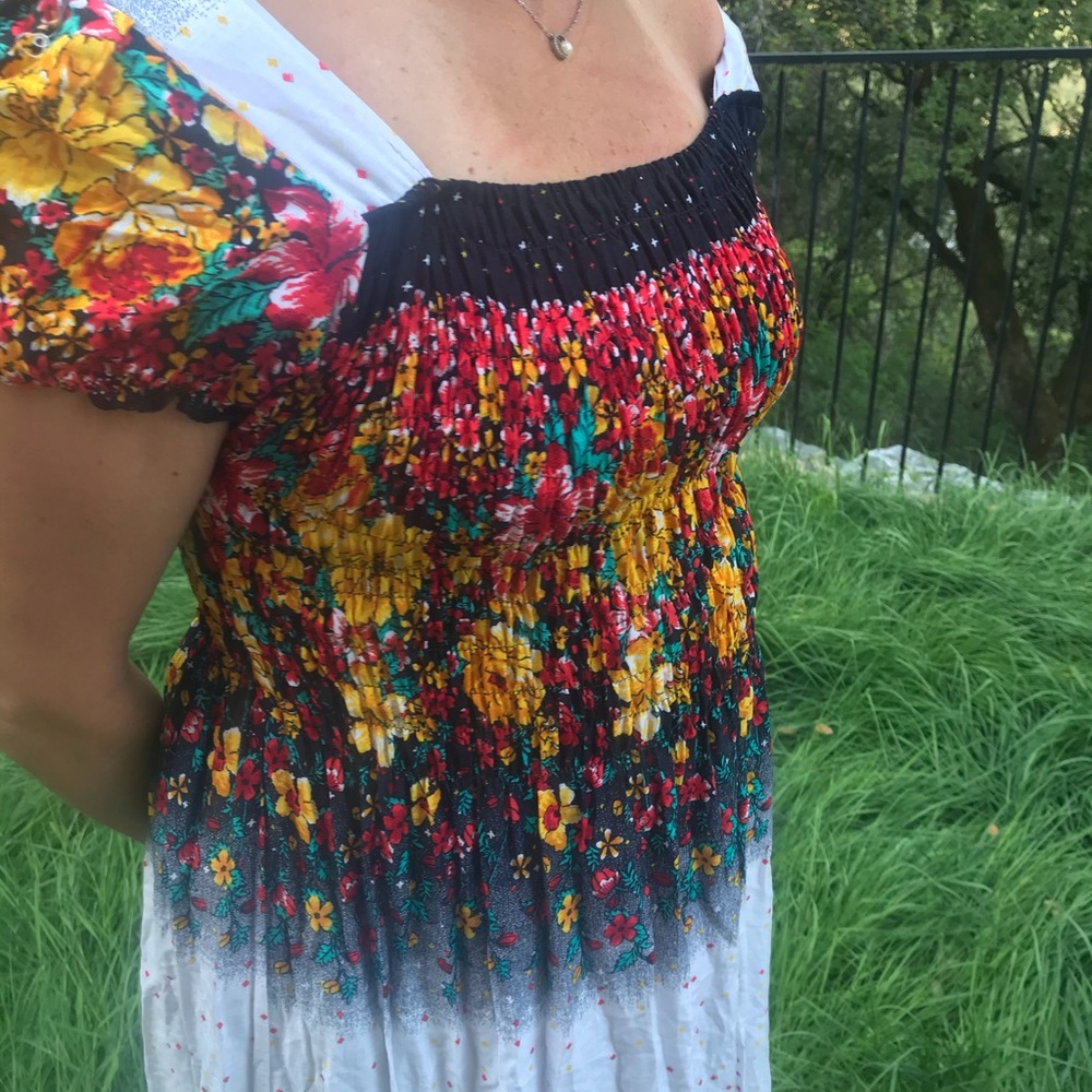 Smocked Floral Sun Dress, Off Shoulder, Size M